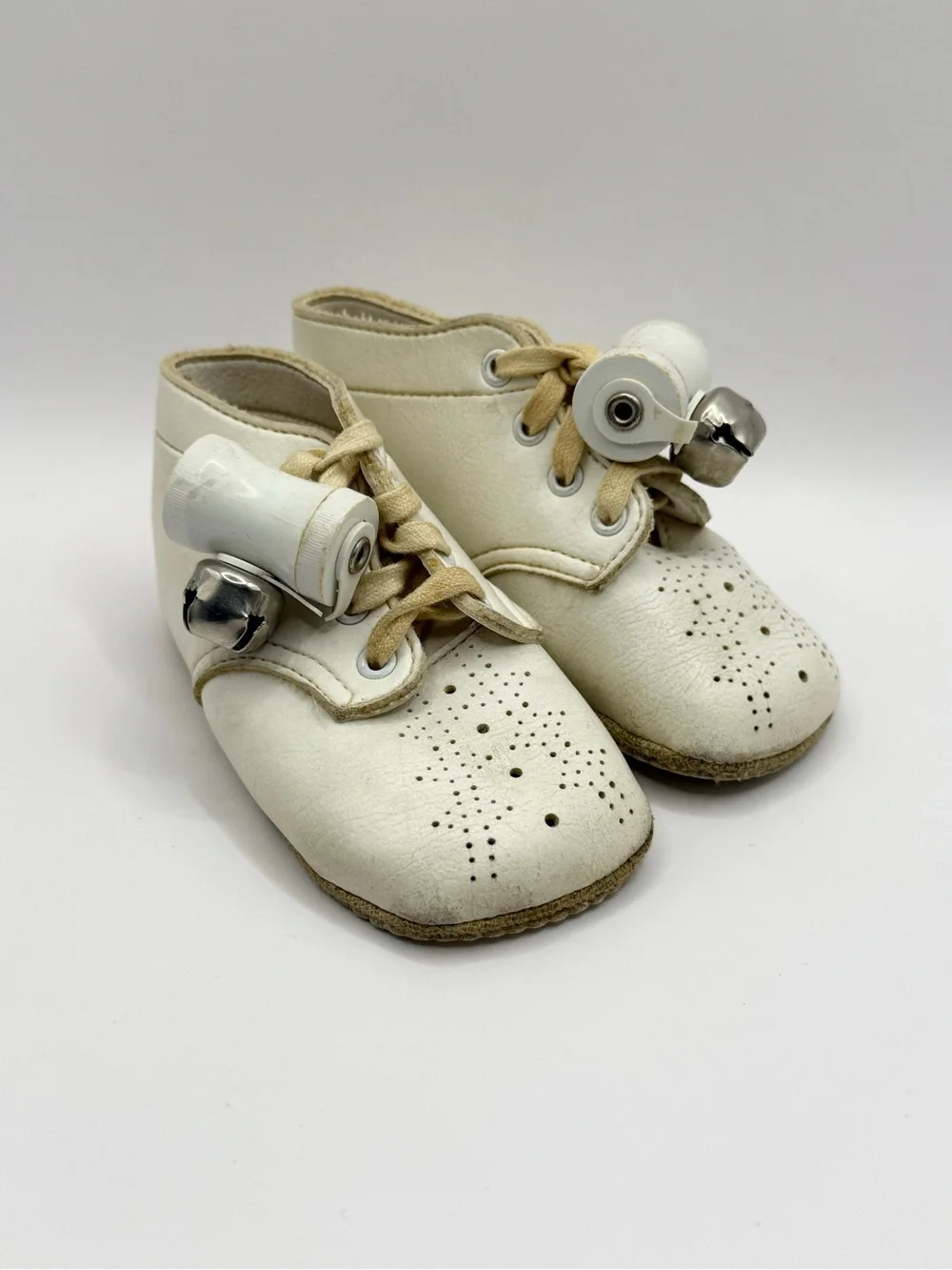 Vintage Baby Walker Soft Sole Shoes Lace Up with Bells White 1950s